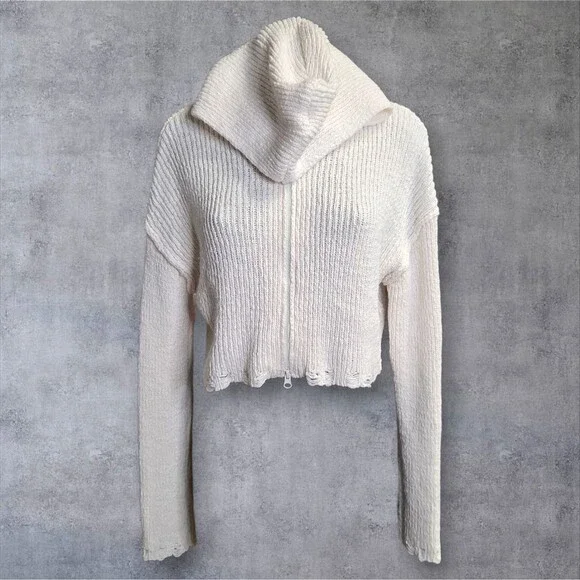 Moon & Madison Sweater Womens Large White Cropped Zip Hoodie Knit Distressed - Picture 4 of 11
